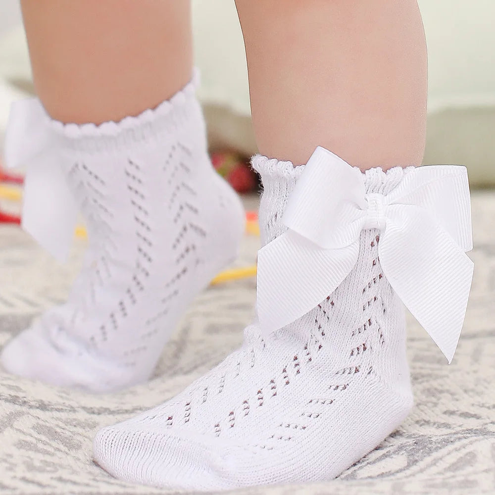 0-5Years Baby Girls Socks With Big Bows Breathable Children Girl Short Socks Hollow Out Toddlers Kids Cotton Princess Cute Socks