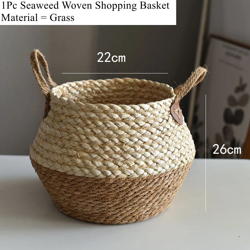 Zerolife-Seaweed Wicker Basket with Handle, Rattan Hanging Flower Pot, Dirty Clothes Storage, Children's Toy Sorting, 3 Size