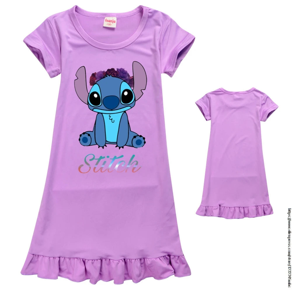 Spring Girls Nightgown Stitch Ice Silk Pajamas Summer Kids Nightdress Cartoon Baby Sleeping Dress Homewear