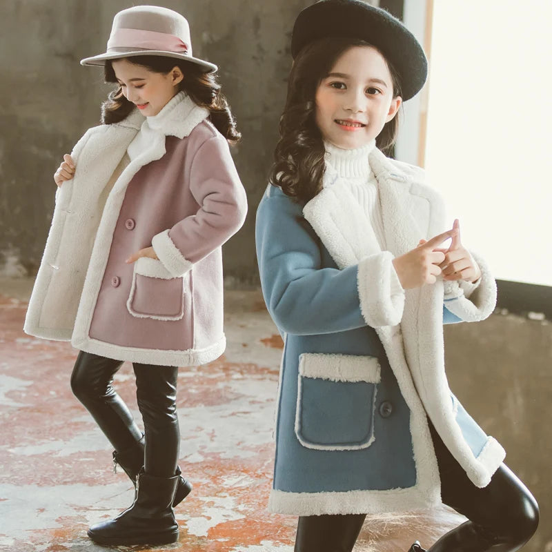 Children‘s Wool Blends Coats for Girls Winter Teenager Snow Wear Fur Outerwear Jackets Thick Warm Coat 6 7 8 9 10 11 12 14 Years