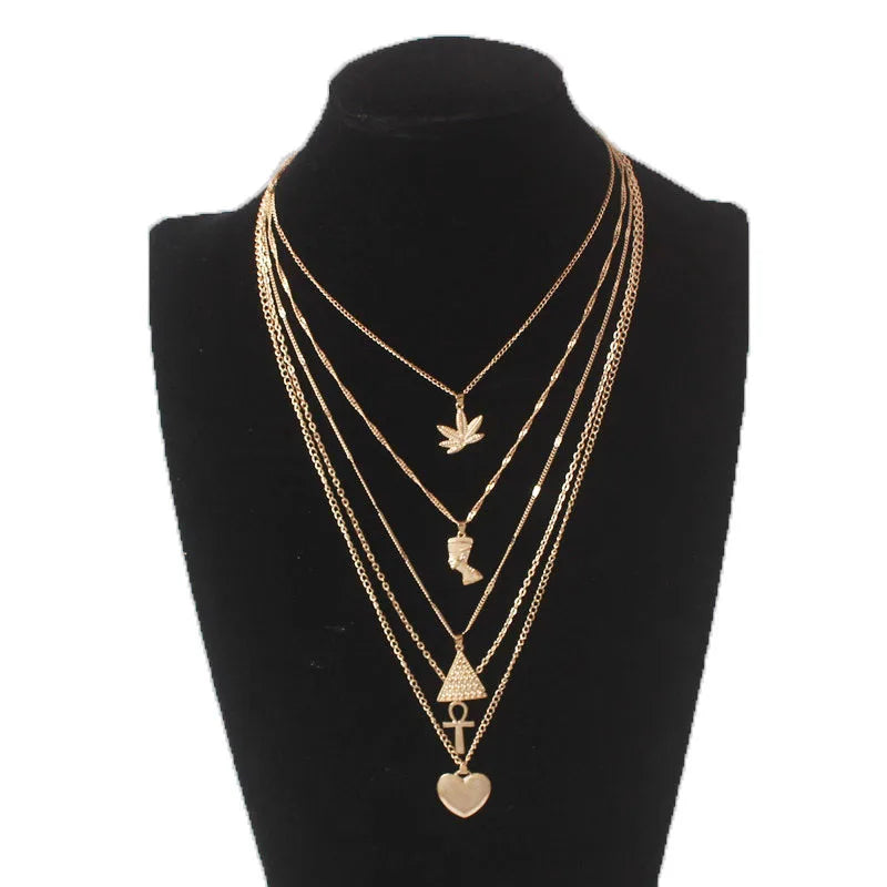 Multi-layers Necklaces for Women Personality Hollow Geometric Pendantes Necklaces Gold Color Cross Necklaces Punk Collar