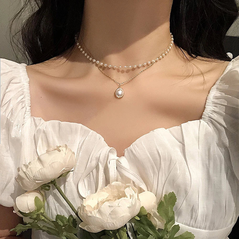 New Beads Women's Neck Chain Kpop Pearl Choker Necklace Gold Color Goth Choker Jewelry On The Neck Pendant 2021 Collar For Girl