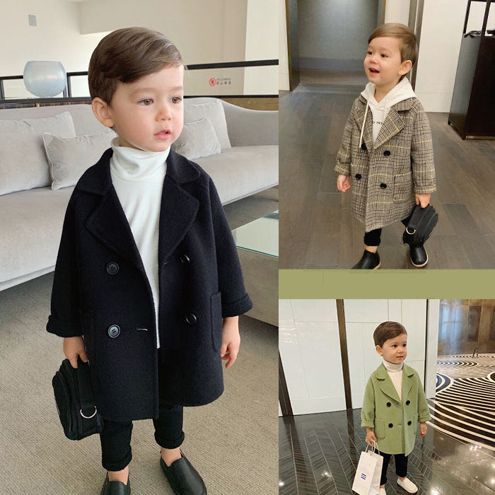 Lioraitiin Winter Grid Jackets Boys Girl Woolen Double-breasted Baby Boy Trench Coat Lapel Autumn Kids Outerwear Coats Wool Coat