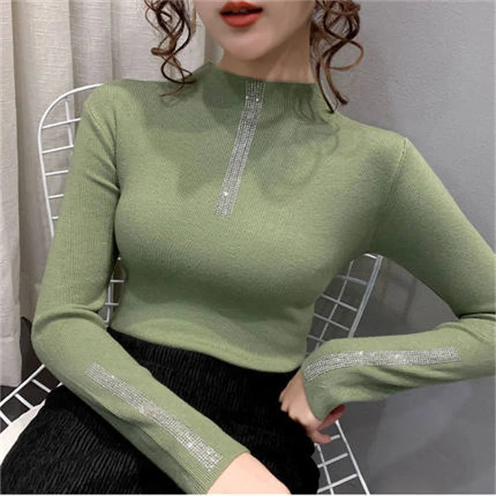 2023 Woman Sweaters Turtleneck Sweater Women's Underwear Fall/Winter Slim Rhinestone Pullover Top Sweater H1104