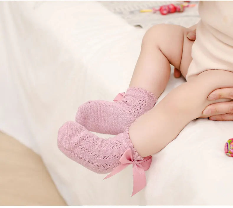 0-5Years Baby Girls Socks With Big Bows Breathable Children Girl Short Socks Hollow Out Toddlers Kids Cotton Princess Cute Socks