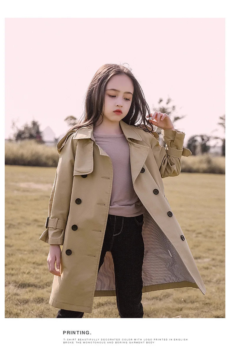 4-13 Years Teen Girls Long Trench Coats New Fashion England Style Windbreaker Jacket For Girls Spring Autumn Children's Clothing