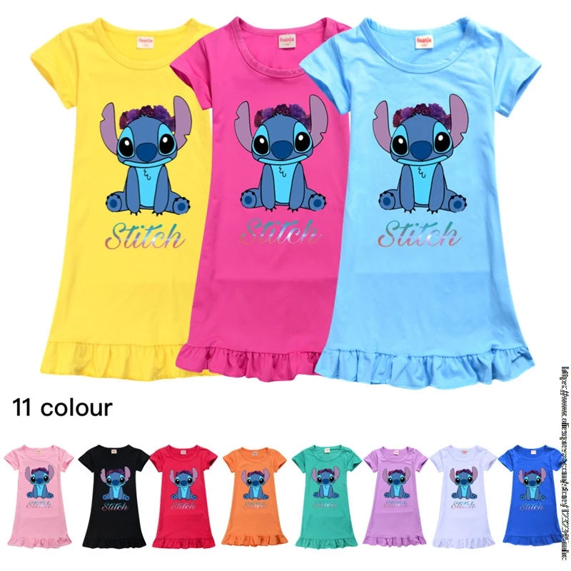 Spring Girls Nightgown Stitch Ice Silk Pajamas Summer Kids Nightdress Cartoon Baby Sleeping Dress Homewear