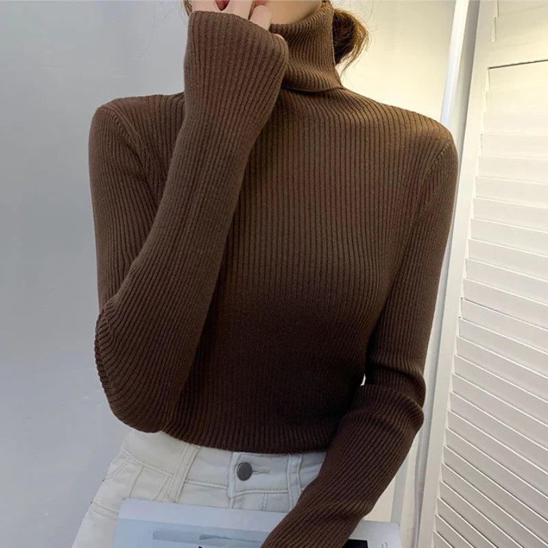 ZOKI New 2023 Women Pullover Turtleneck Sweater Autumn Long Sleeve Slim Elastic Korean Simple Basic Cheap Jumper Solid Color Top