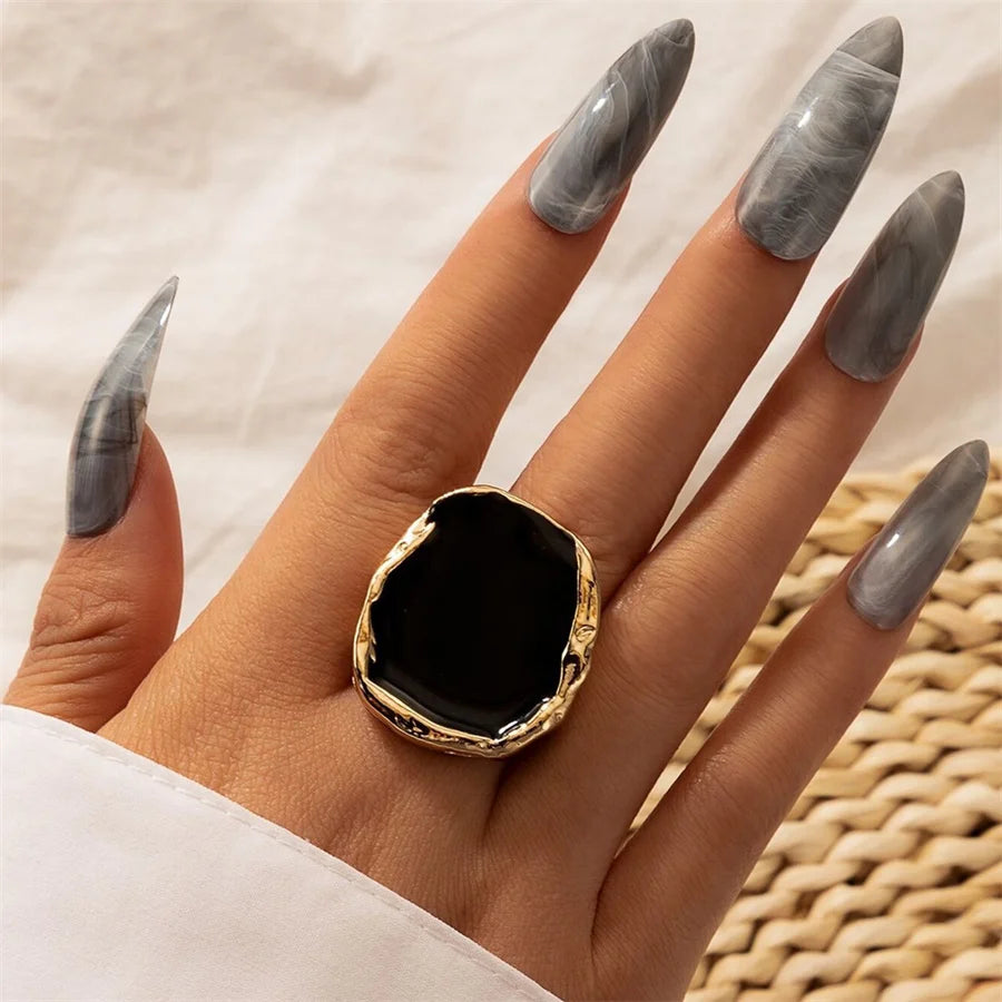 Bohemian Metal Large Black Stone Ring For Men And Women Charm Oil Dripping Large Joint Ring Gothic Stainless Steel Jewelry Gift