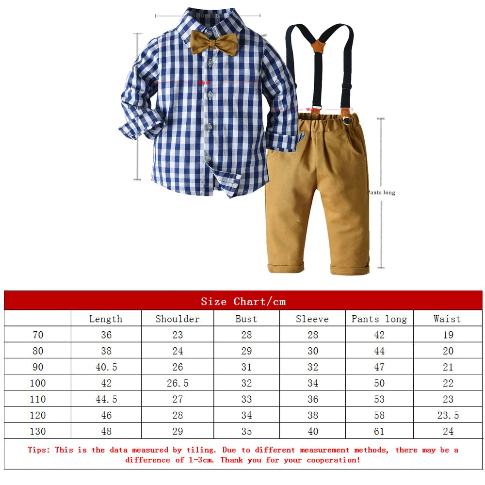 Top and Top Boys Clothing Sets Springs Autumn New Kids Boys Long Sleeve Plaid Bowtie Tops+Suspender Pants Casual Clothes Outfit