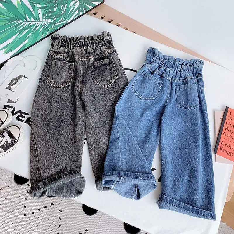 Kids Wide Leg Pants 2024 Autumn Winter New Personality Fashion Girls Hight-Waist Jeans Elastic Waist Button Pocket Casual Jeans