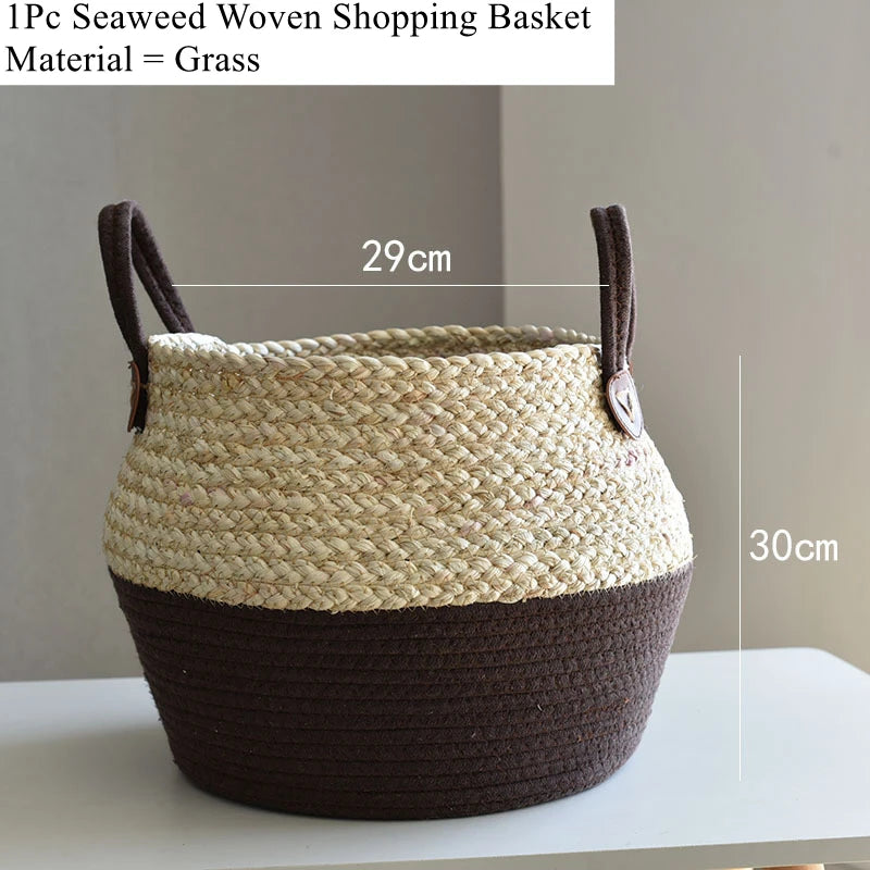 Zerolife-Seaweed Wicker Basket with Handle, Rattan Hanging Flower Pot, Dirty Clothes Storage, Children's Toy Sorting, 3 Size