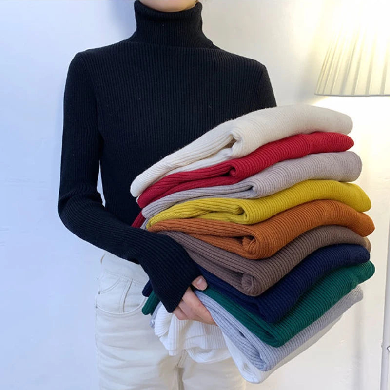 ZOKI New 2023 Women Pullover Turtleneck Sweater Autumn Long Sleeve Slim Elastic Korean Simple Basic Cheap Jumper Solid Color Top