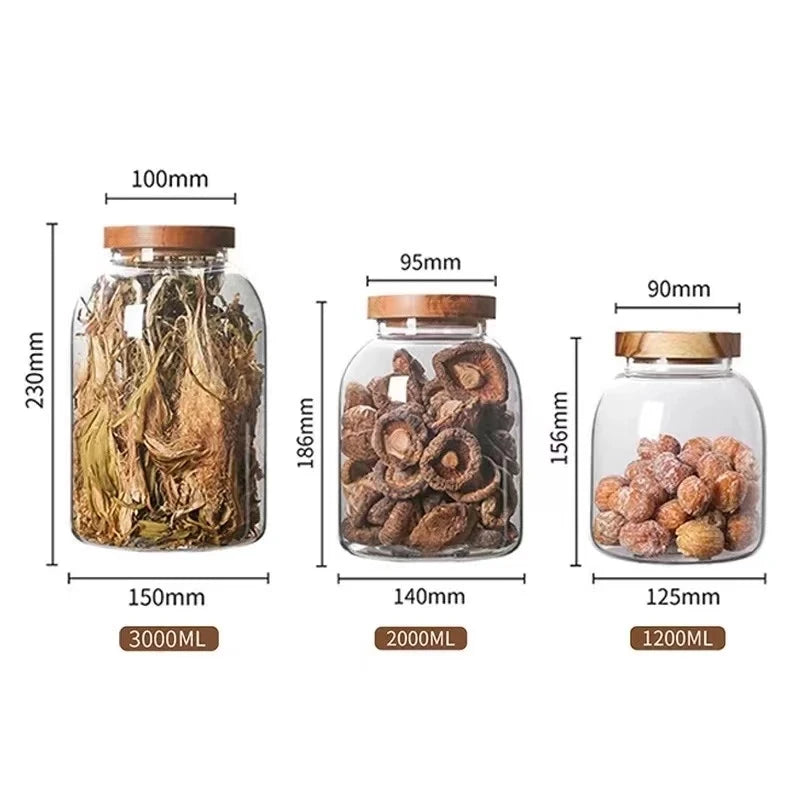 1200-3000 ML Large Capacity Glass Sealed Jar Lid Sealed Storage Wood Cover Coffee Bean Storage Jar Organizer Kitchen Containers