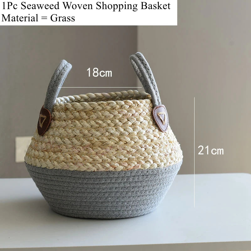 Zerolife-Seaweed Wicker Basket with Handle, Rattan Hanging Flower Pot, Dirty Clothes Storage, Children's Toy Sorting, 3 Size