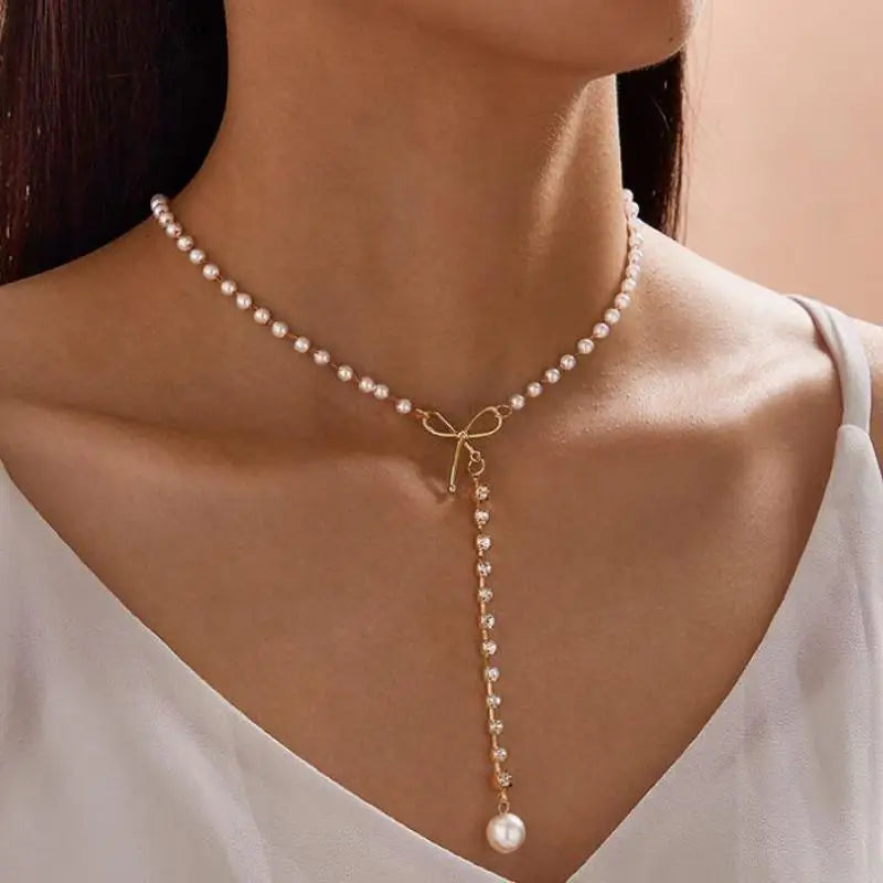 Sumeng New Personality Fashion Square Imitation Pearl Crystal Zircon Necklace Invisible Transparent Fishing Line Necklace Women