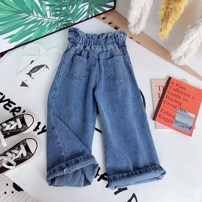 Kids Wide Leg Pants 2024 Autumn Winter New Personality Fashion Girls Hight-Waist Jeans Elastic Waist Button Pocket Casual Jeans