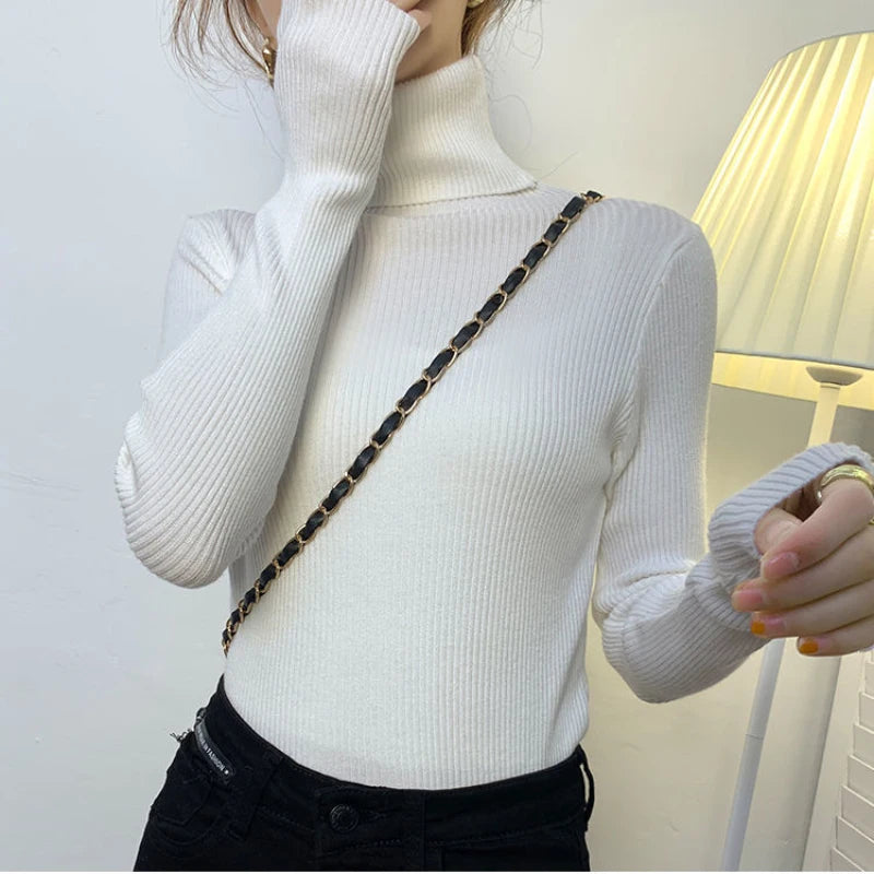 ZOKI New 2023 Women Pullover Turtleneck Sweater Autumn Long Sleeve Slim Elastic Korean Simple Basic Cheap Jumper Solid Color Top