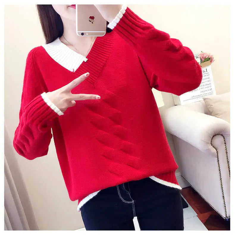 Women's Sweaters Knitting Pullover 2022 New Autumn Winter Casual Loose Striped V-neck Knitted Sweater Female Pullovers Tops