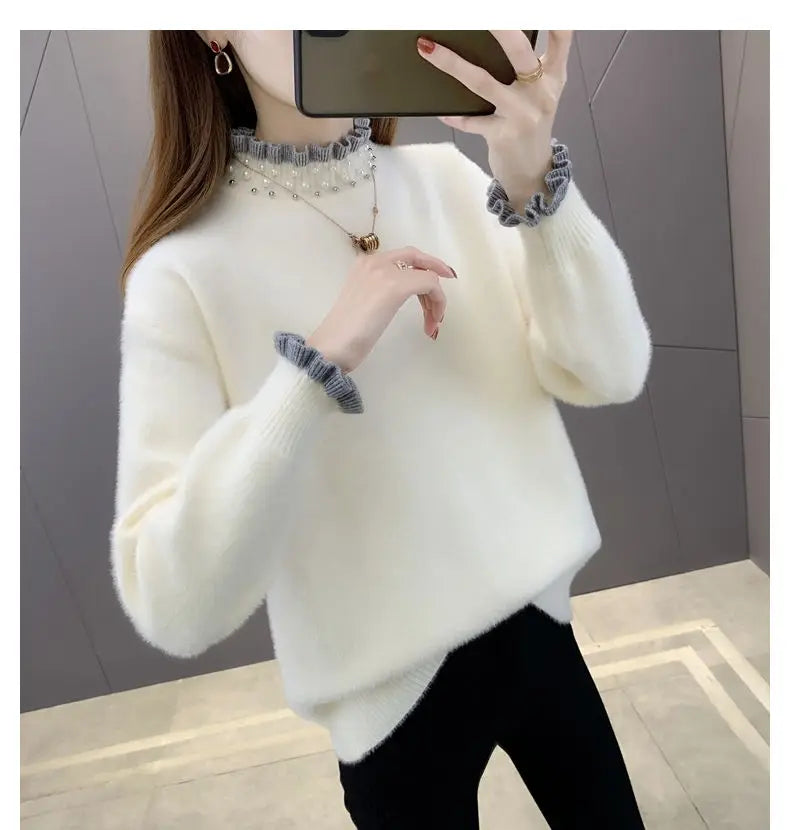 2023 Autumn Winter Thick Sweater Women Knitted Ribbed Pullover Sweater Long Sleeve Fasion Slim Jumper Soft Warm Pull Femme