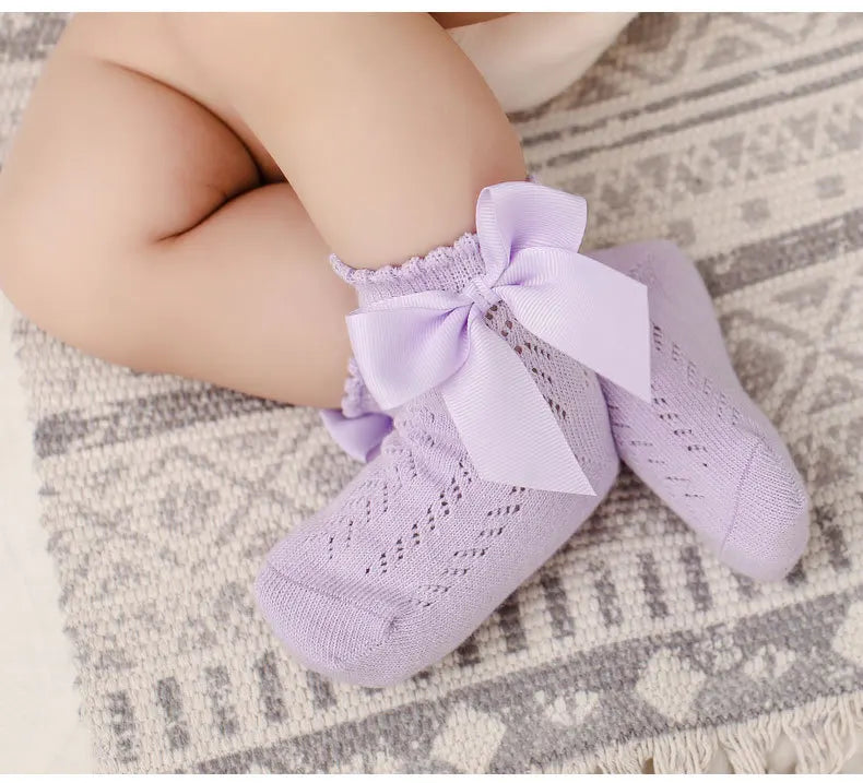 0-5Years Baby Girls Socks With Big Bows Breathable Children Girl Short Socks Hollow Out Toddlers Kids Cotton Princess Cute Socks