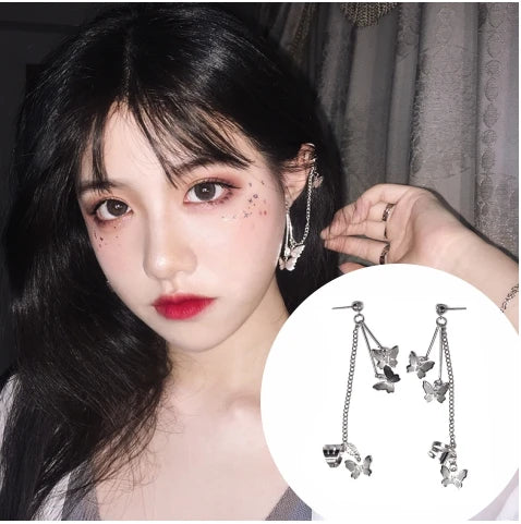 S925 Silver Needle Asymmetric Love Tassel Fashion Heart-shaped Long Earrings Jewelry Black And White Exaggerated Earrings Brinco