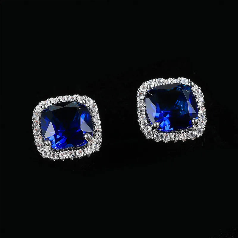 Cute Female Crystal Black Stone Earrings Charm Silver Color Stud Earrings Luxury Square Wedding Earrings For Women