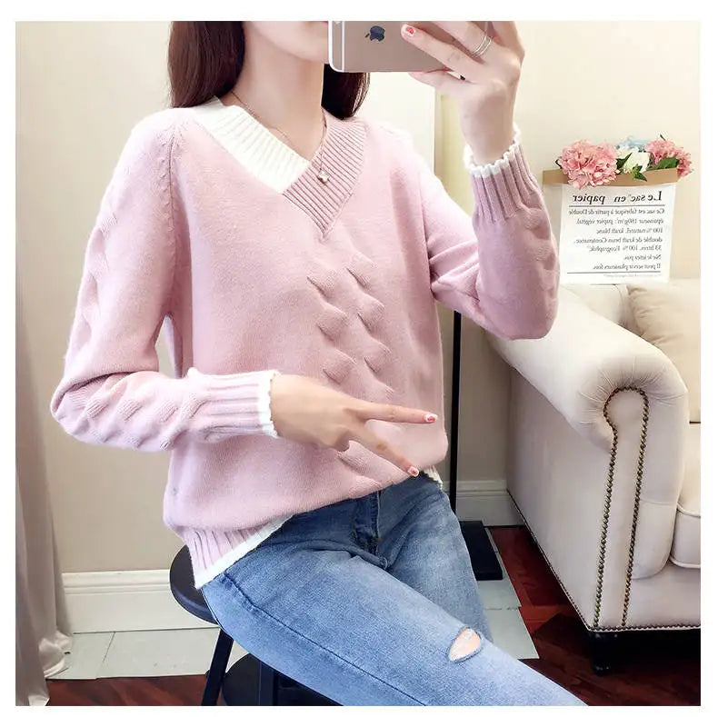 Women's Sweaters Knitting Pullover 2022 New Autumn Winter Casual Loose Striped V-neck Knitted Sweater Female Pullovers Tops