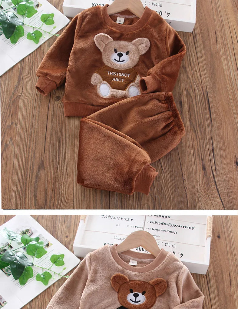 New Winter Baby Girls Boys Homewear Sets Autumn Fashion Flannel Fleece Clothes Kids Cartoon Bear Sleepwear Children Pajamas