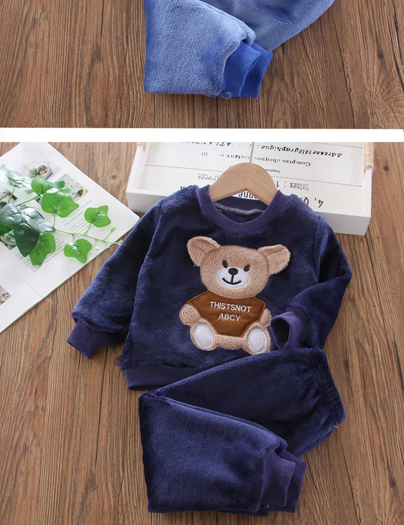 New Winter Baby Girls Boys Homewear Sets Autumn Fashion Flannel Fleece Clothes Kids Cartoon Bear Sleepwear Children Pajamas