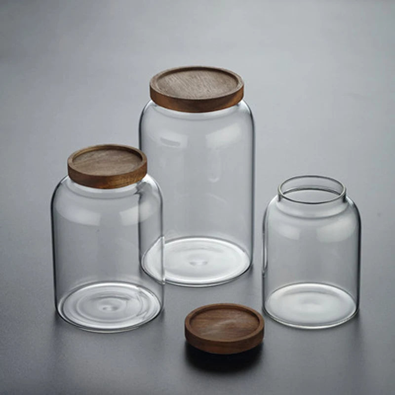 1200-3000 ML Large Capacity Glass Sealed Jar Lid Sealed Storage Wood Cover Coffee Bean Storage Jar Organizer Kitchen Containers