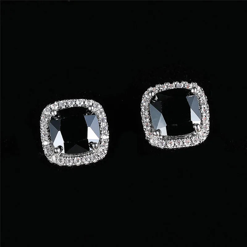 Cute Female Crystal Black Stone Earrings Charm Silver Color Stud Earrings Luxury Square Wedding Earrings For Women