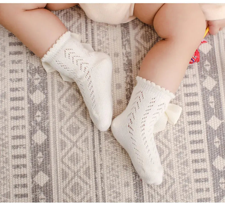 0-5Years Baby Girls Socks With Big Bows Breathable Children Girl Short Socks Hollow Out Toddlers Kids Cotton Princess Cute Socks