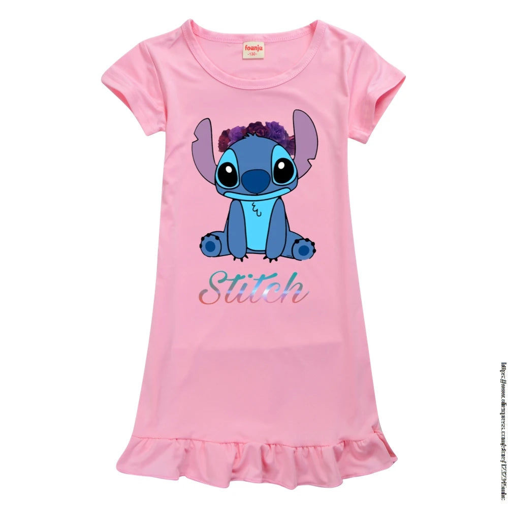 Spring Girls Nightgown Stitch Ice Silk Pajamas Summer Kids Nightdress Cartoon Baby Sleeping Dress Homewear