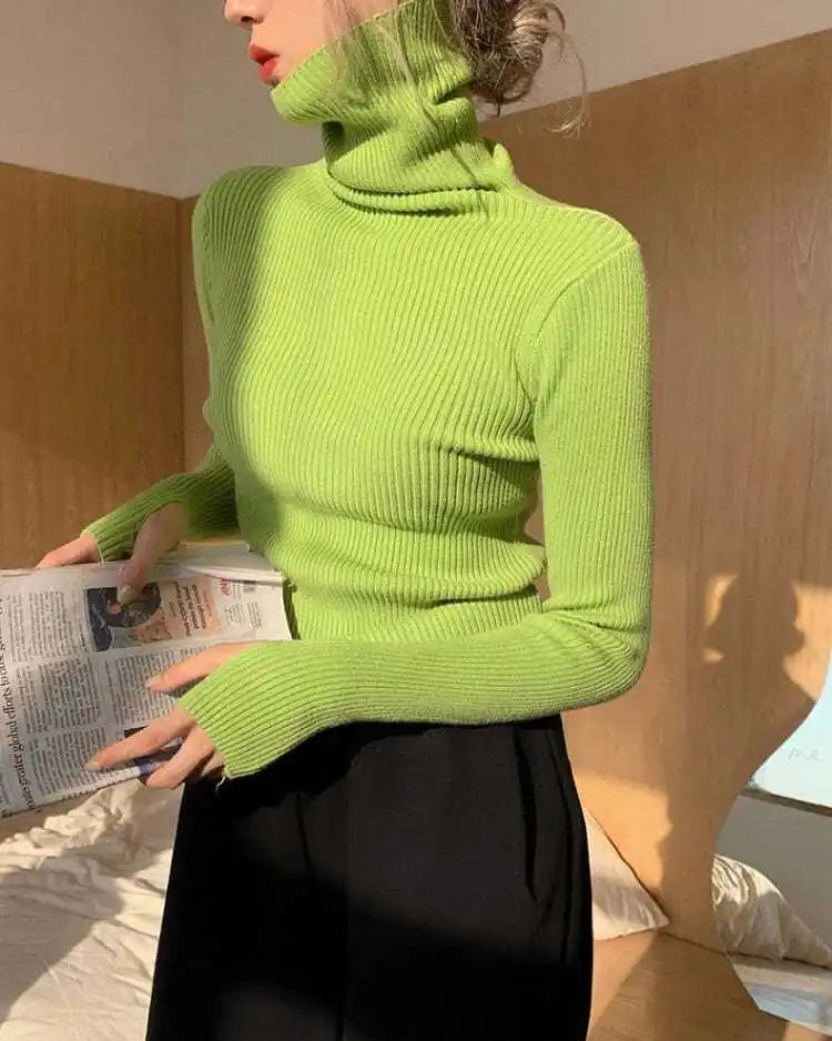 Women heaps collar Turtleneck Sweaters Autumn Winter Slim Pullover Women Basic Tops Casual Soft Knit Sweater Soft Warm Jumper