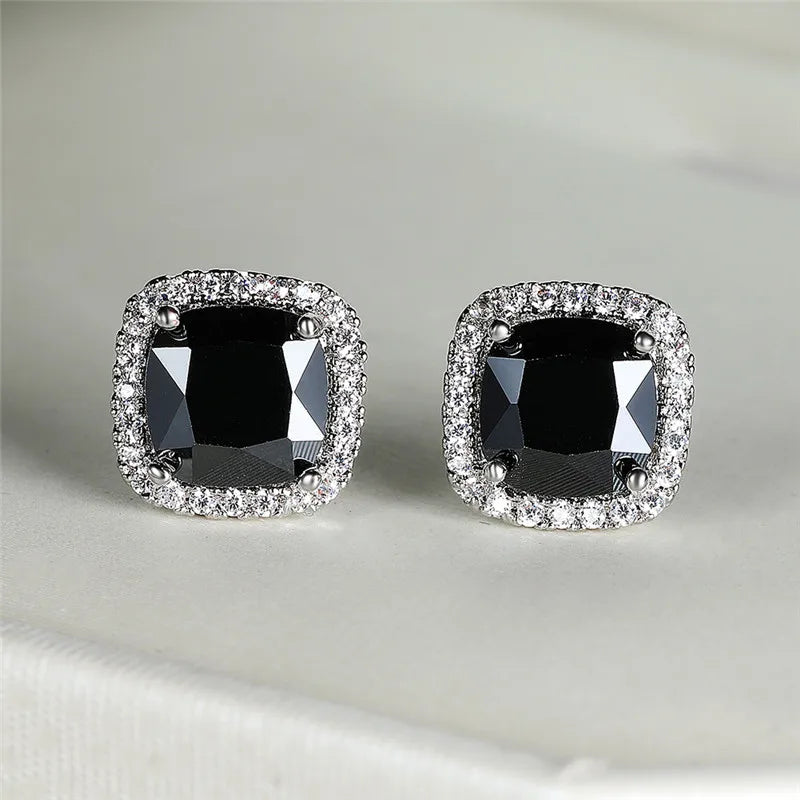 Cute Female Crystal Black Stone Earrings Charm Silver Color Stud Earrings Luxury Square Wedding Earrings For Women