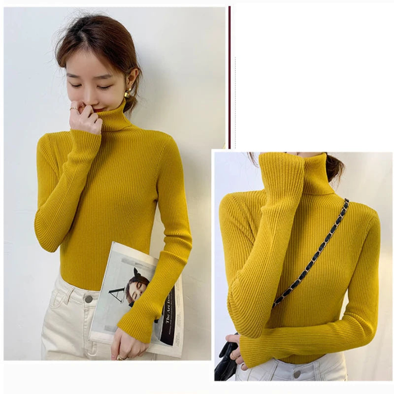 ZOKI New 2023 Women Pullover Turtleneck Sweater Autumn Long Sleeve Slim Elastic Korean Simple Basic Cheap Jumper Solid Color Top