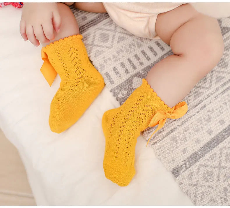 0-5Years Baby Girls Socks With Big Bows Breathable Children Girl Short Socks Hollow Out Toddlers Kids Cotton Princess Cute Socks