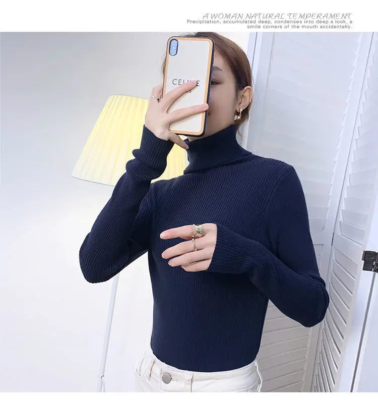 ZOKI New 2023 Women Pullover Turtleneck Sweater Autumn Long Sleeve Slim Elastic Korean Simple Basic Cheap Jumper Solid Color Top