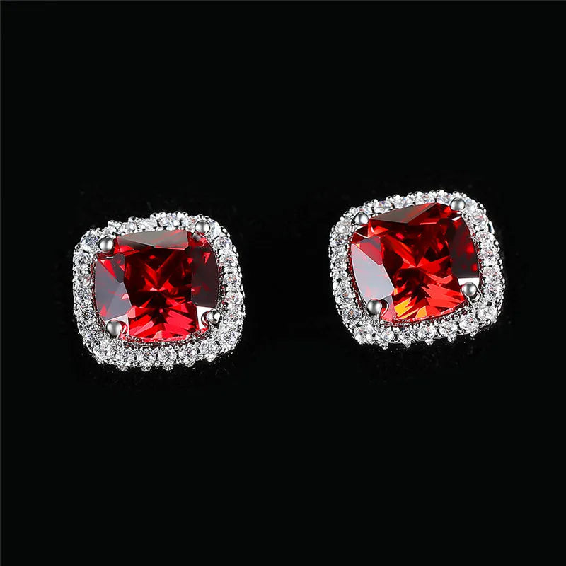 Cute Female Crystal Black Stone Earrings Charm Silver Color Stud Earrings Luxury Square Wedding Earrings For Women