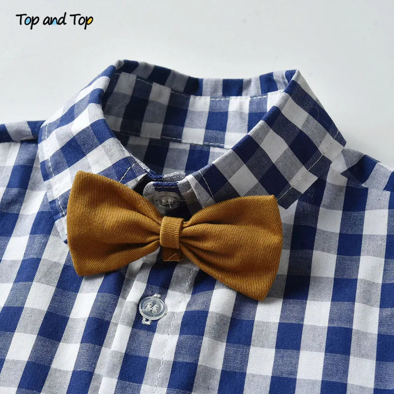 Top and Top Boys Clothing Sets Springs Autumn New Kids Boys Long Sleeve Plaid Bowtie Tops+Suspender Pants Casual Clothes Outfit