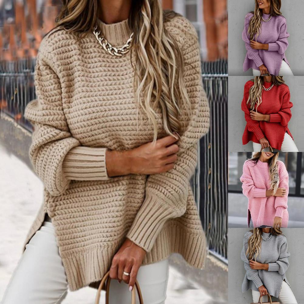 Women Sweater Unique Pattern Half High Collar Autumn Winter Pure Color Thick Pullover Thick Knitting Pullover