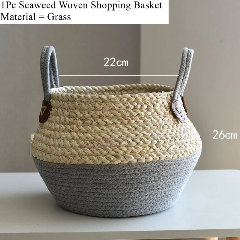 Zerolife-Seaweed Wicker Basket with Handle, Rattan Hanging Flower Pot, Dirty Clothes Storage, Children's Toy Sorting, 3 Size