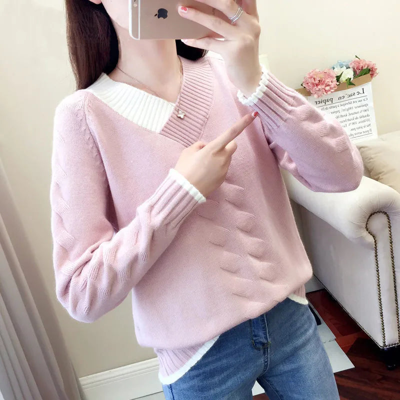 Women's Sweaters Knitting Pullover 2022 New Autumn Winter Casual Loose Striped V-neck Knitted Sweater Female Pullovers Tops