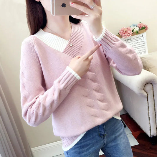 Women's Sweaters Knitting Pullover 2022 New Autumn Winter Casual Loose Striped V-neck Knitted Sweater Female Pullovers Tops