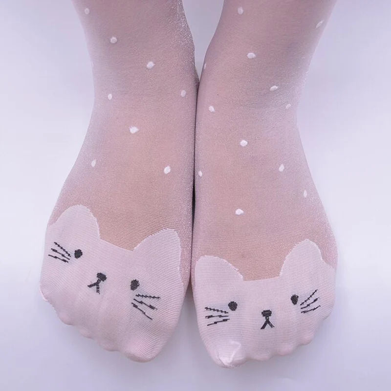 Cute cat girl tights children's sheer stockings for girls kids baby pantyhose cartoon characters thin tight Summer 1-9Y