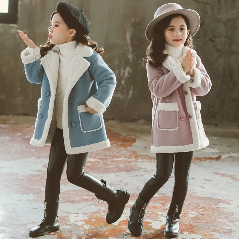 Children‘s Wool Blends Coats for Girls Winter Teenager Snow Wear Fur Outerwear Jackets Thick Warm Coat 6 7 8 9 10 11 12 14 Years