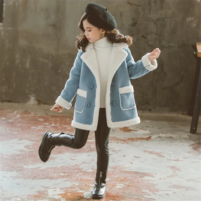 Children‘s Wool Blends Coats for Girls Winter Teenager Snow Wear Fur Outerwear Jackets Thick Warm Coat 6 7 8 9 10 11 12 14 Years