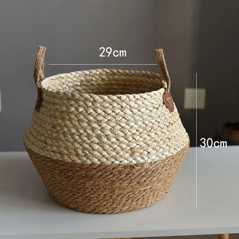 Zerolife-Seaweed Wicker Basket with Handle, Rattan Hanging Flower Pot, Dirty Clothes Storage, Children's Toy Sorting, 3 Size