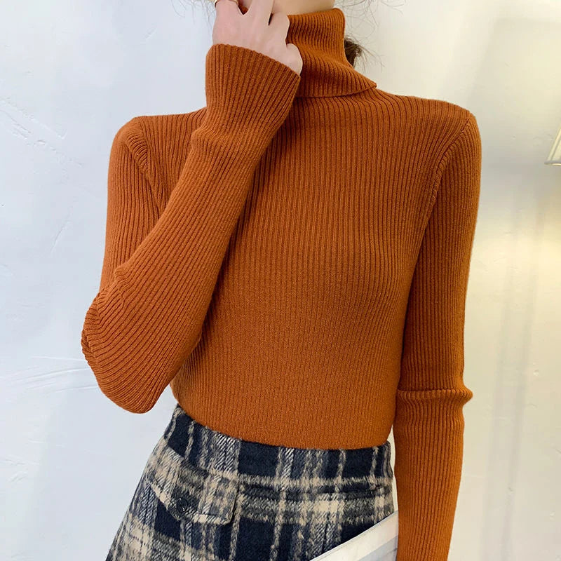 ZOKI New 2023 Women Pullover Turtleneck Sweater Autumn Long Sleeve Slim Elastic Korean Simple Basic Cheap Jumper Solid Color Top